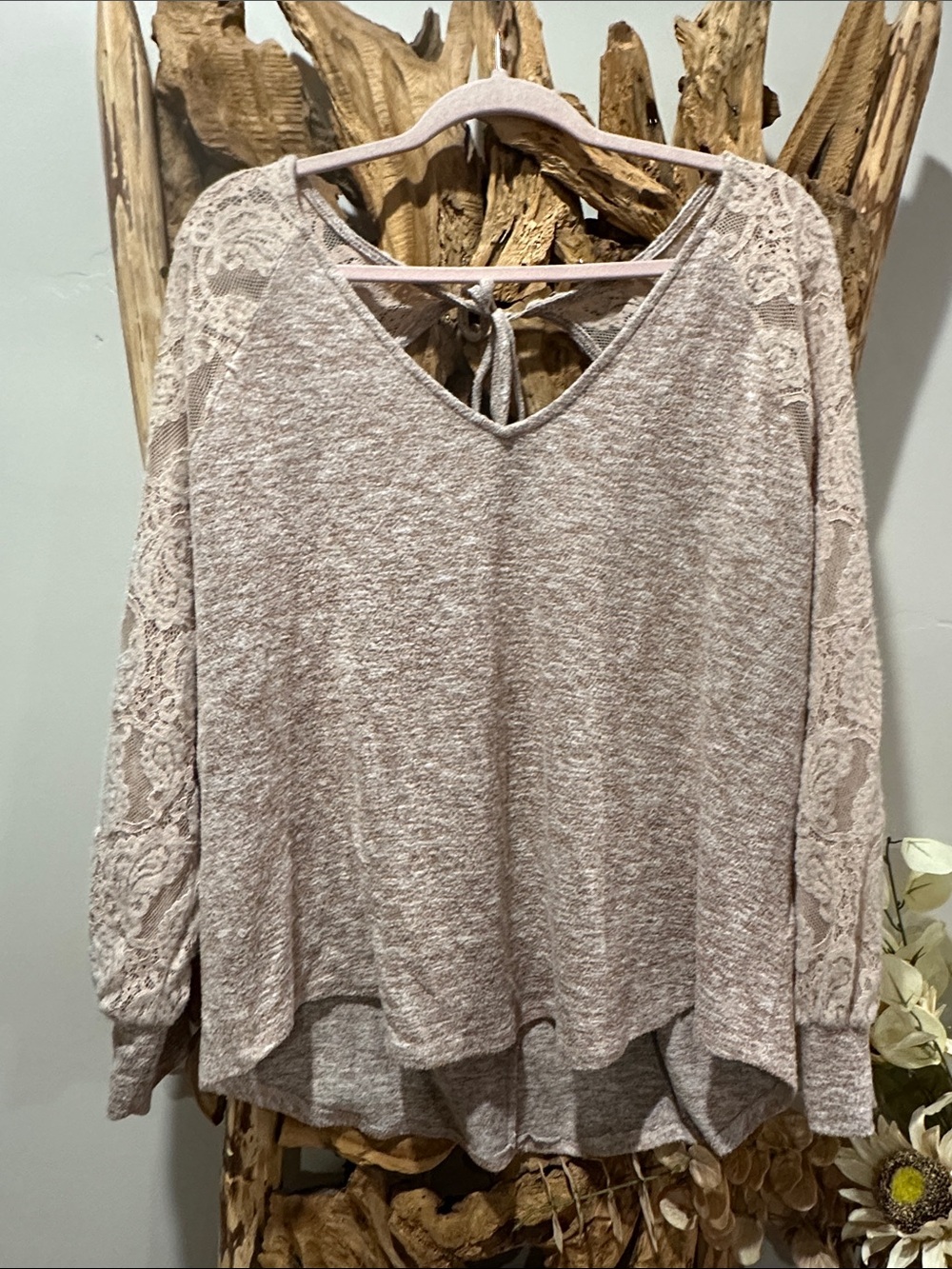 Maurices Lace-Sleeve V-Neck Pullover - Blush Pink